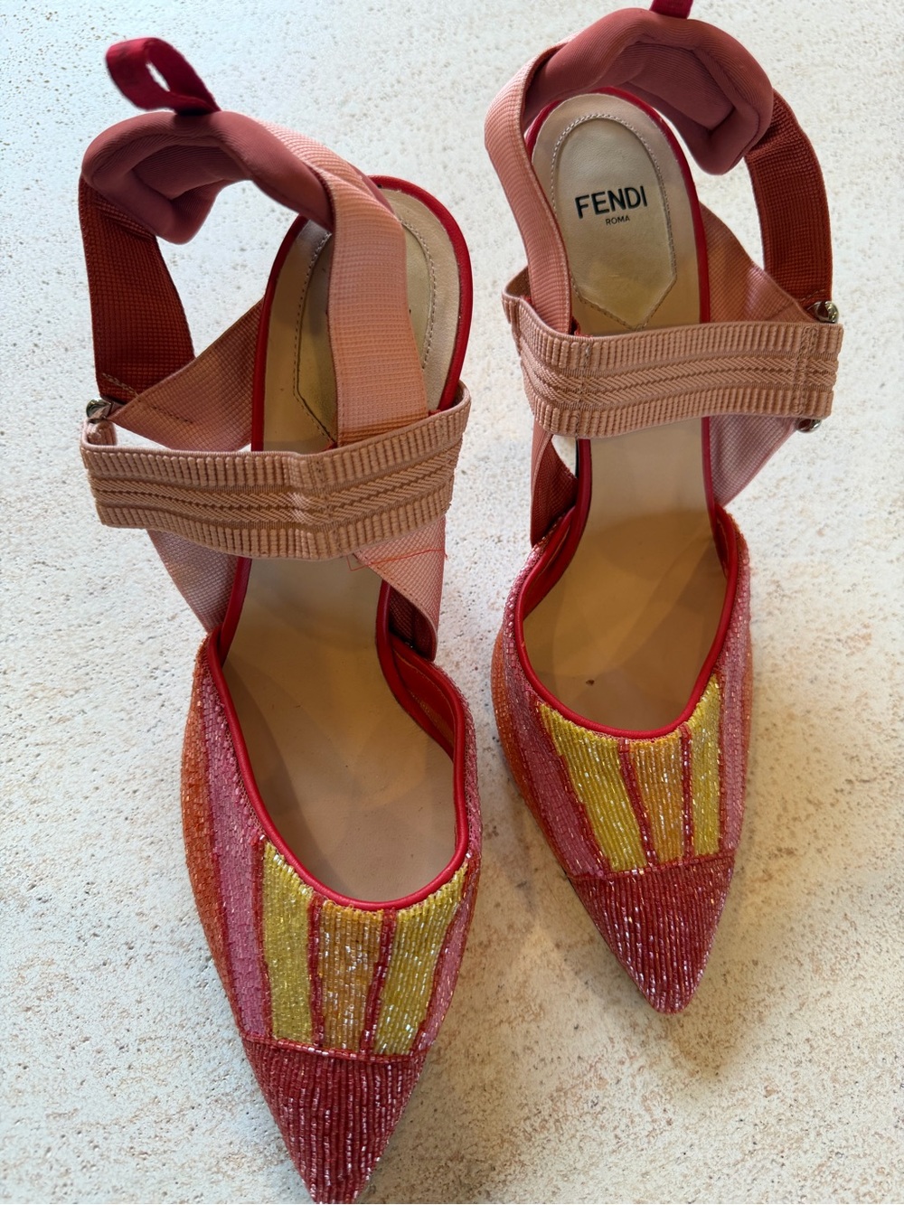 Fendi Pink, Red & Gold Beaded Pointed-Toe Slingbacks - Picture 8 of 12